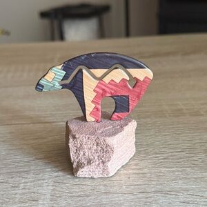 Colorful Southwestern Lazart Fetish Bear Figure Mounted on Stone Base 2-5/8" ht
